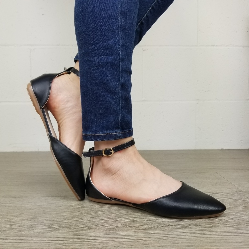 Ankle Strap Pointed Toe Ballerina Flats-M 13133 - Picture 6 of 8